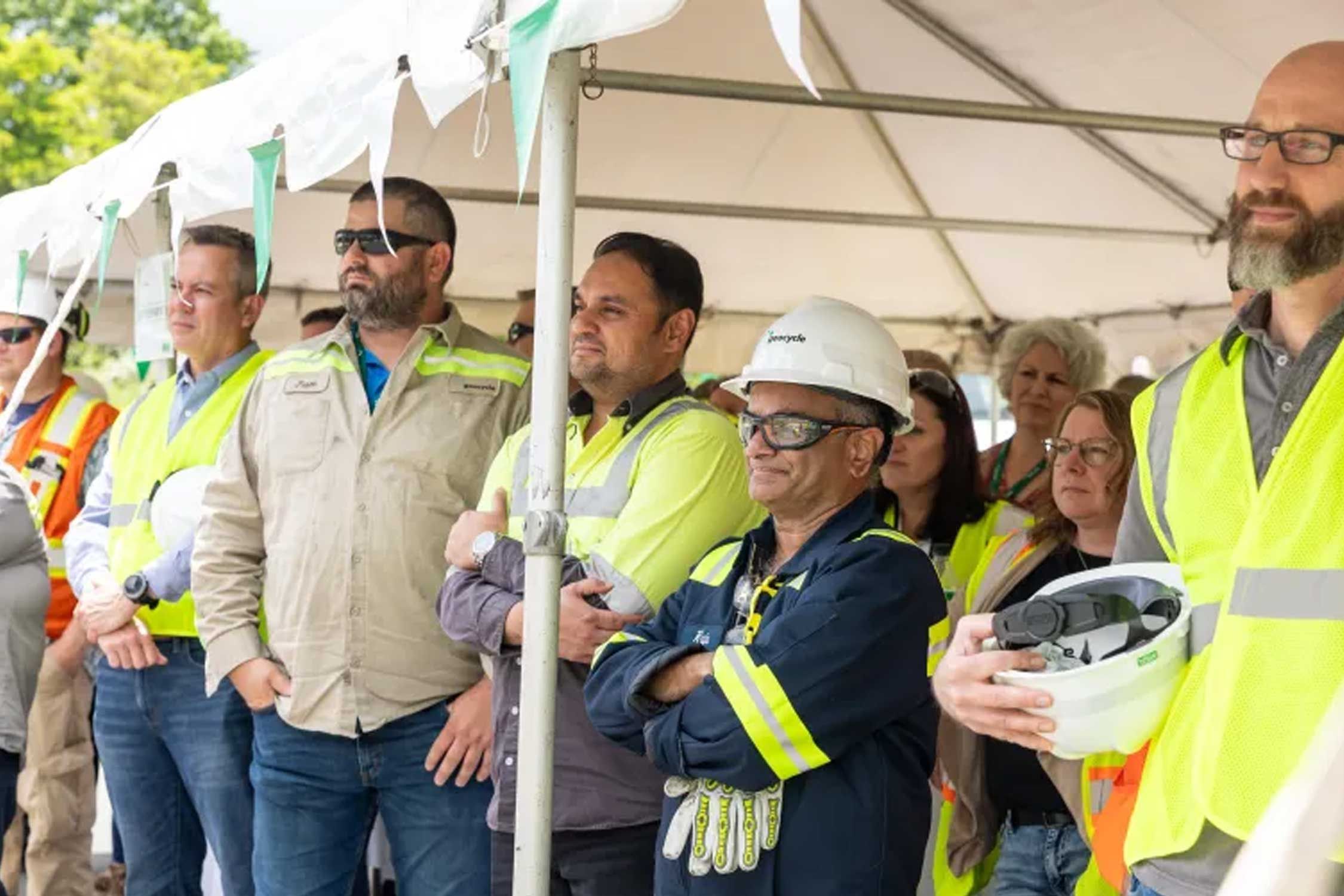 Geocycle employees listen to remarks at the Cumberland ribbon cutting