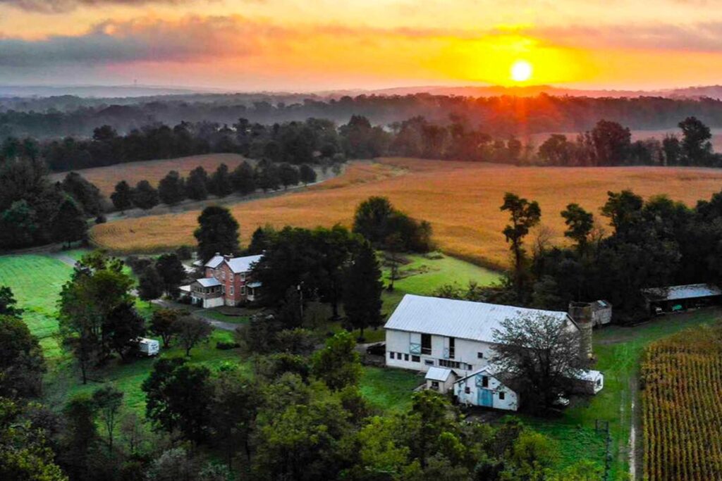 Maryland farmland with the sun setting
