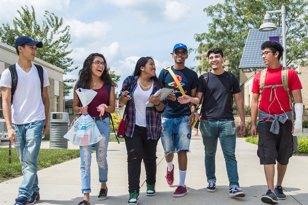 College students walking through campus