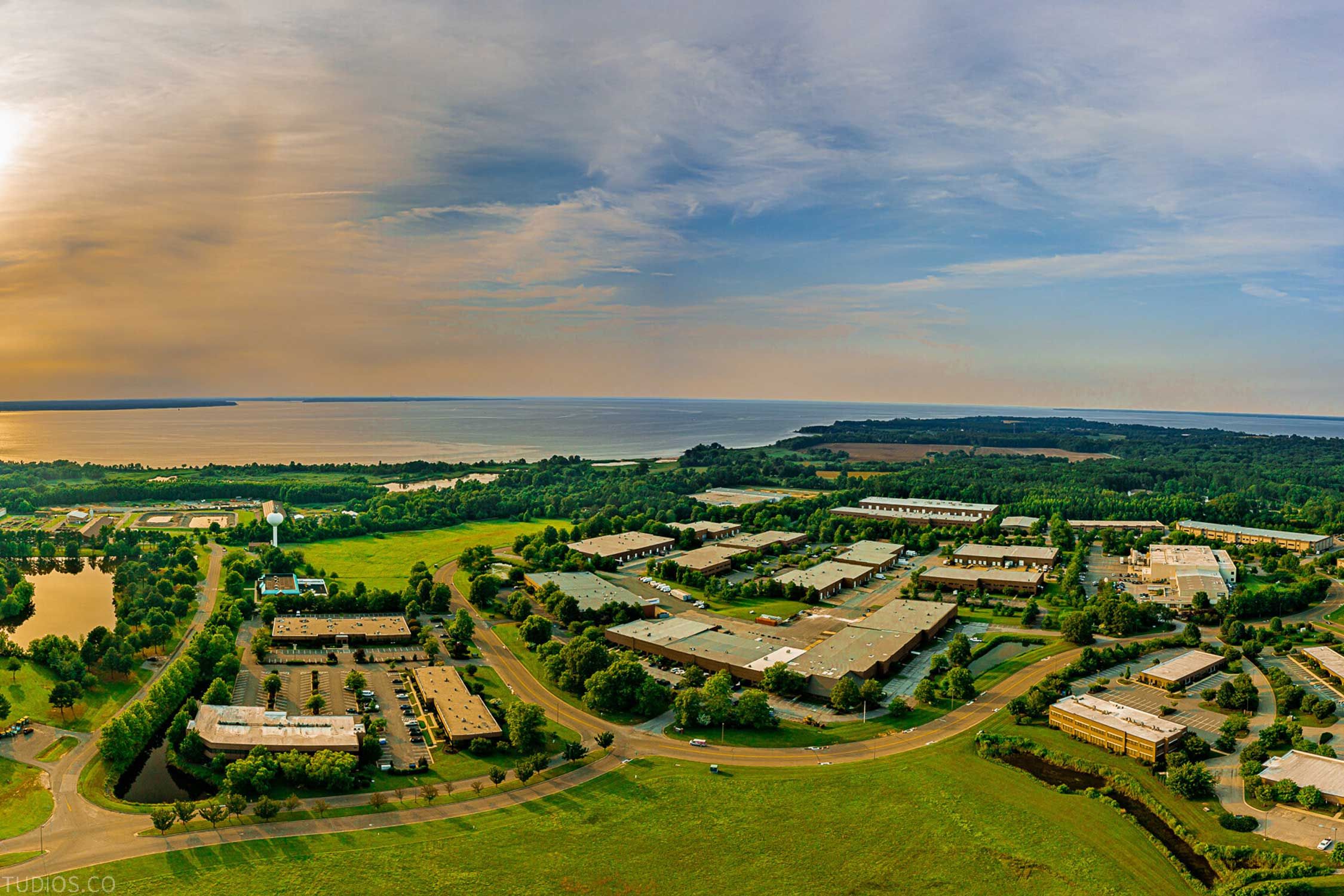 Aerial view of the Chesapeake Bay Business Park with the bay in the background