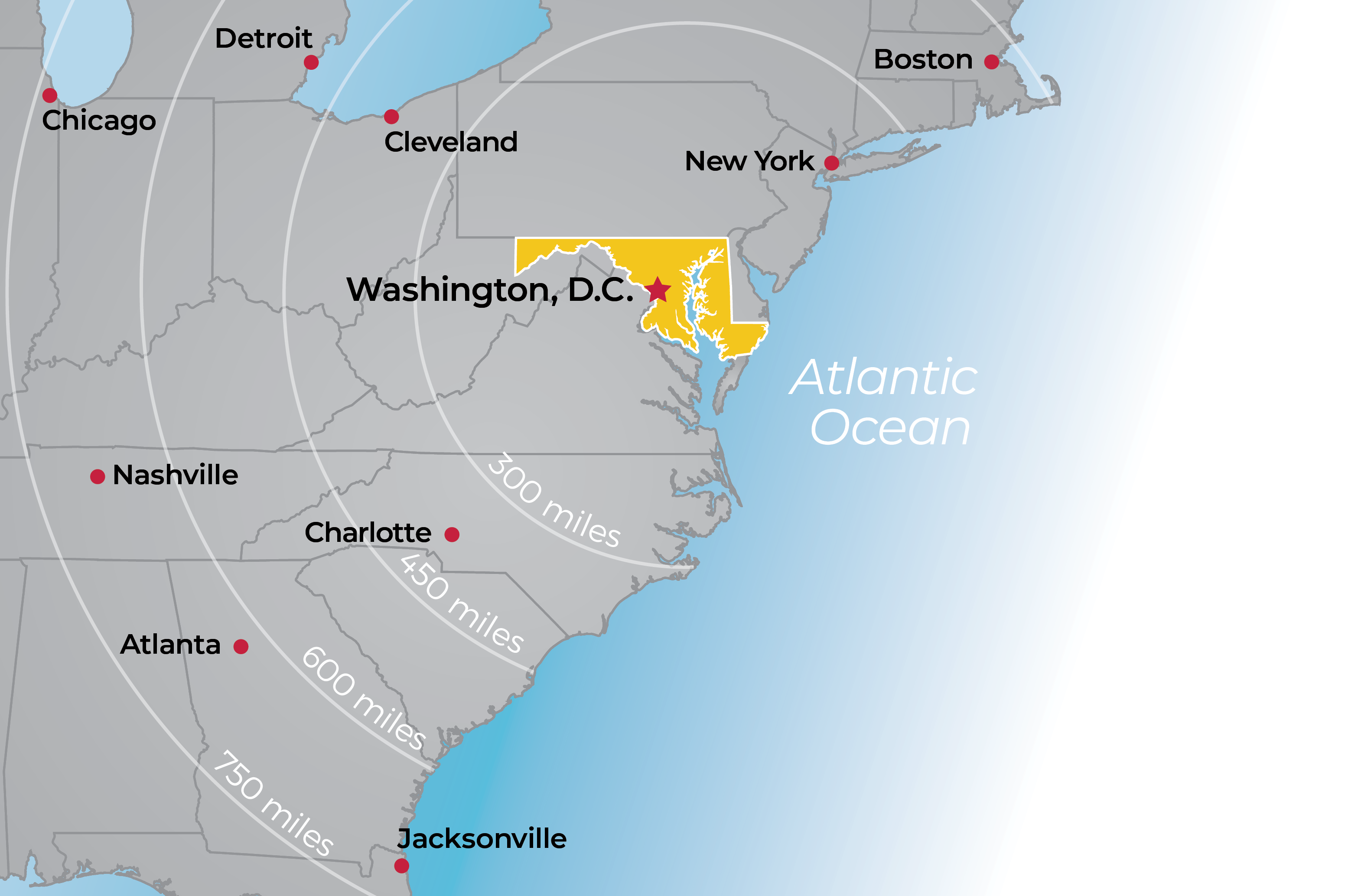 A map of the East Coast showing Maryland's location