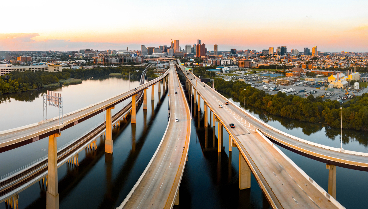 Baltimore City seen from the sky by the highway