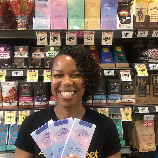 Owner Thereasa Black poses with her chocolate bars