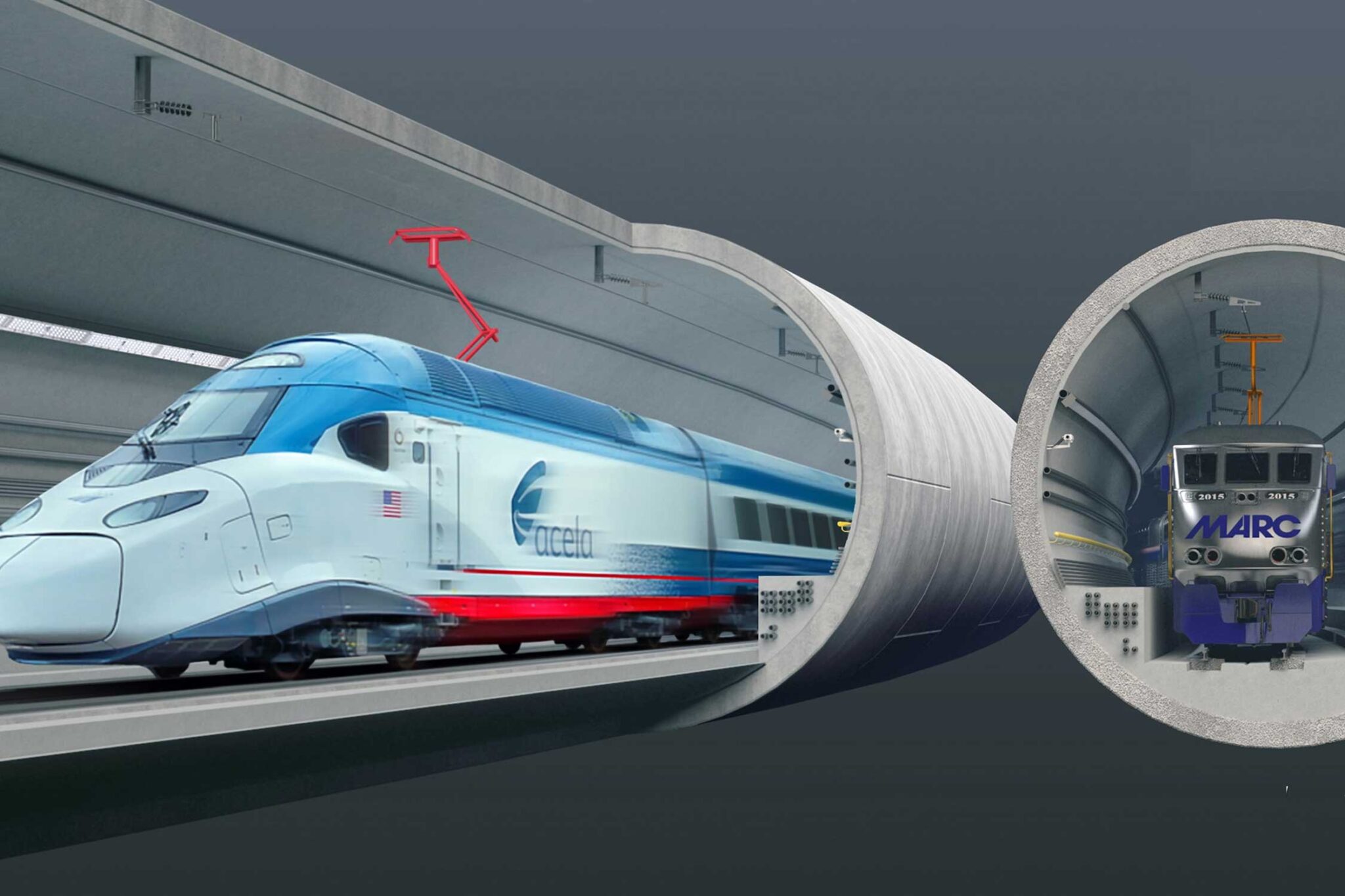 a mock-up of trains going through the future Frederick Douglass Tunnel, courtesy of Amtrak