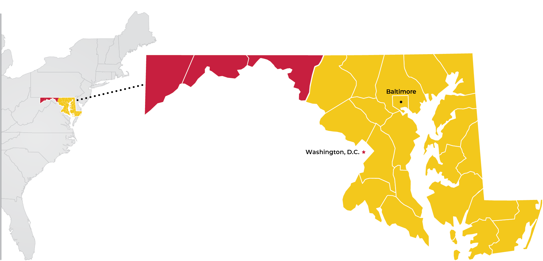 A map of Maryland highlighting Western Maryland in red