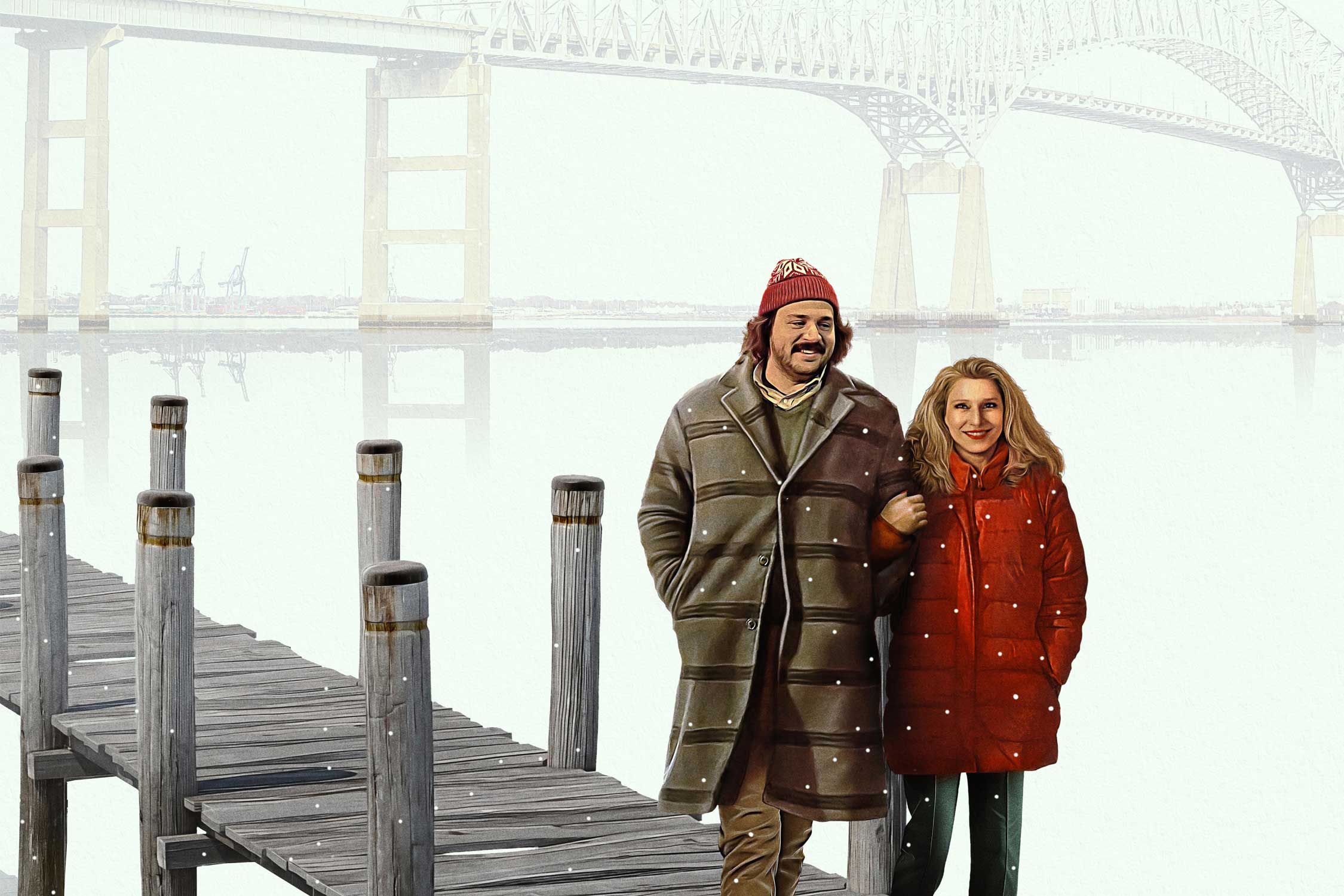 movie poster for the film Baltimorons, featuring a man and woman walking on a Baltimore pier along the water with the Key Bridge in the background