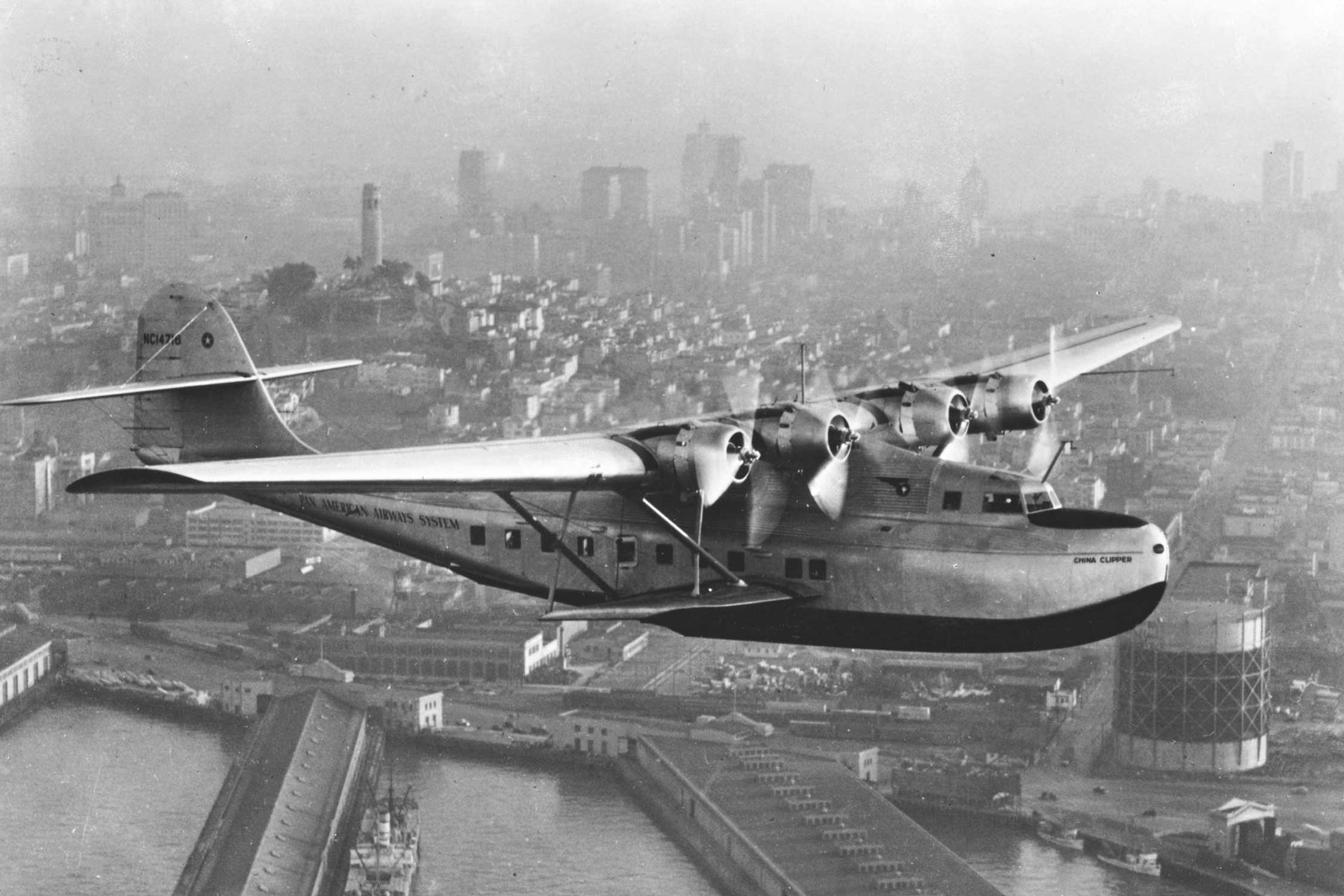 the Pan Am China Clipper plane flying, which was made in Middle River, Md