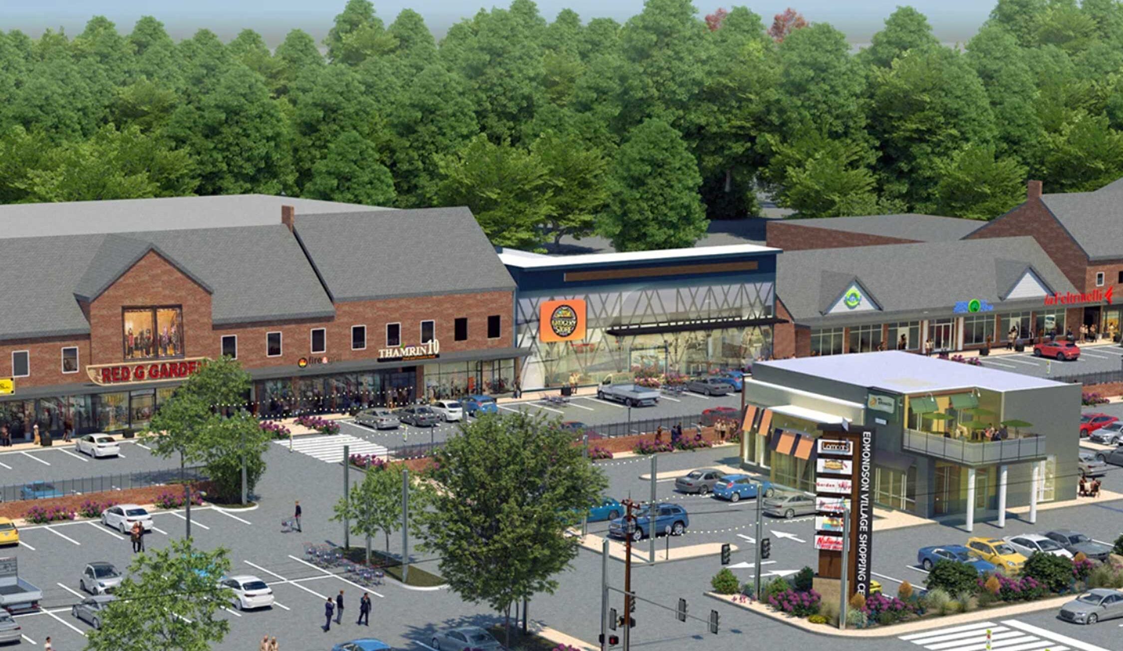 a mock up image of the Edmondson Village Shopping Center's new building exterior